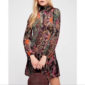 Free People All Dolled Up Mini Dress Paisley Long Sleeve NWT Small